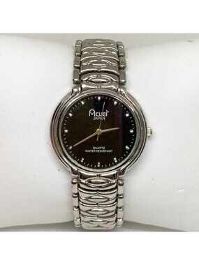 Acuet Japan black Dial Wrist Watch silver tone 32mm quartz up to 7.5” running